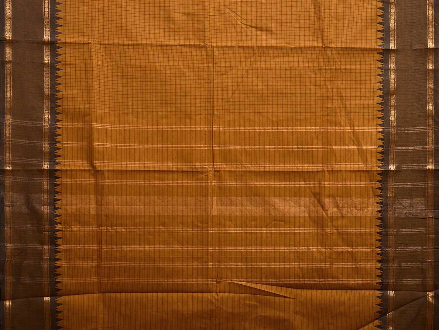 Mustard and Black Kanchipuram Cotton Saree with Checks and Strips Pallu Design k0750