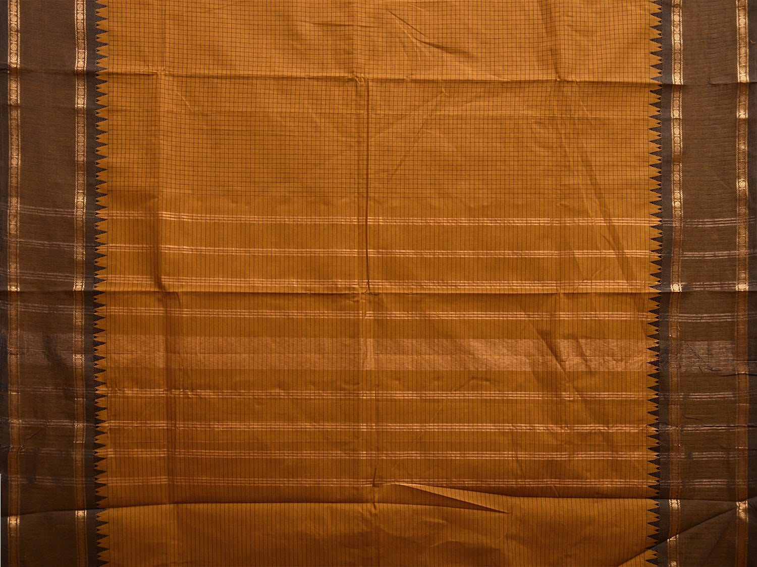 Mustard and Black Kanchipuram Cotton Saree with Checks and Strips Pallu Design k0750