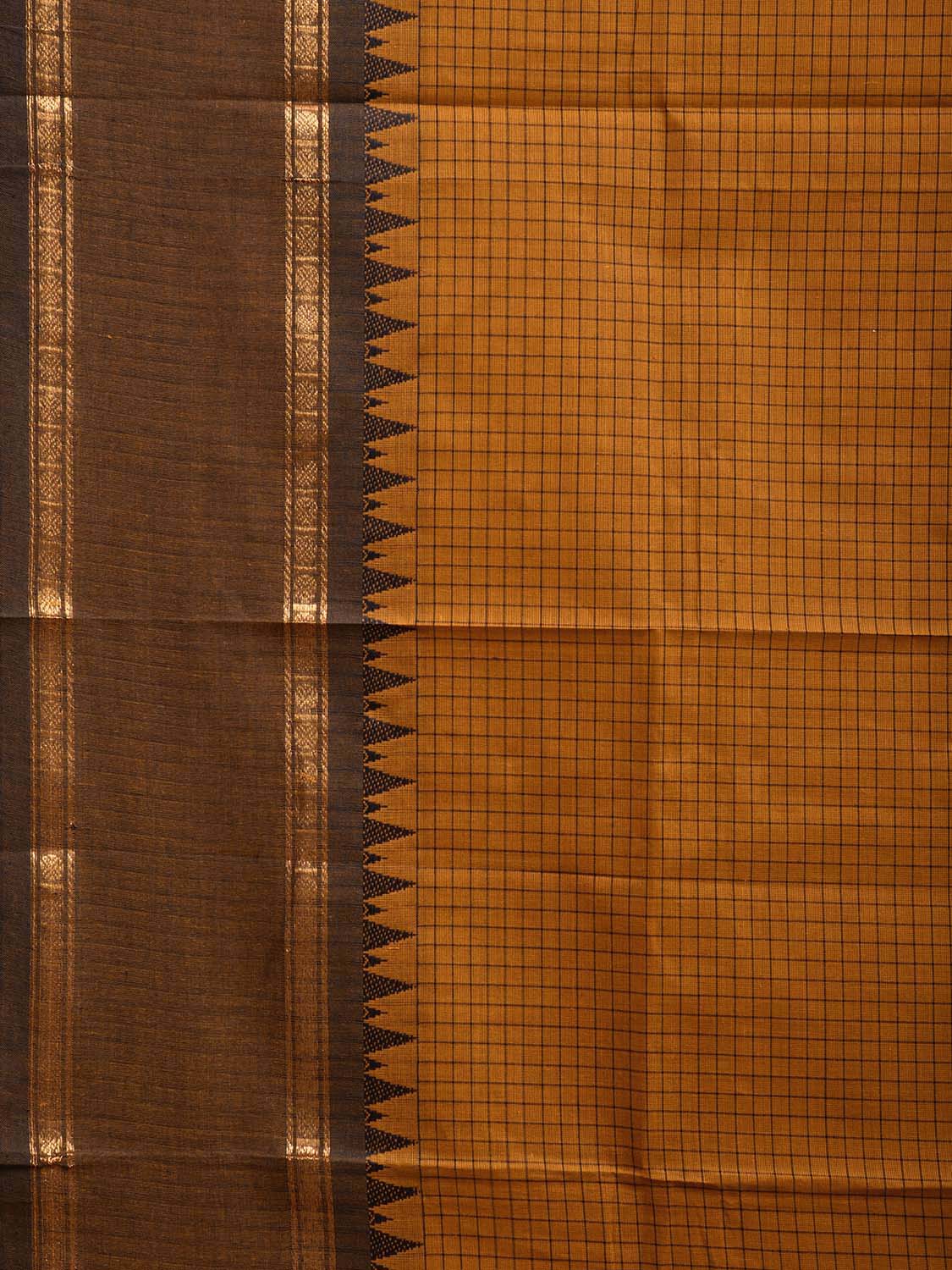 Mustard and Black Kanchipuram Cotton Saree with Checks and Strips Pallu Design k0750
