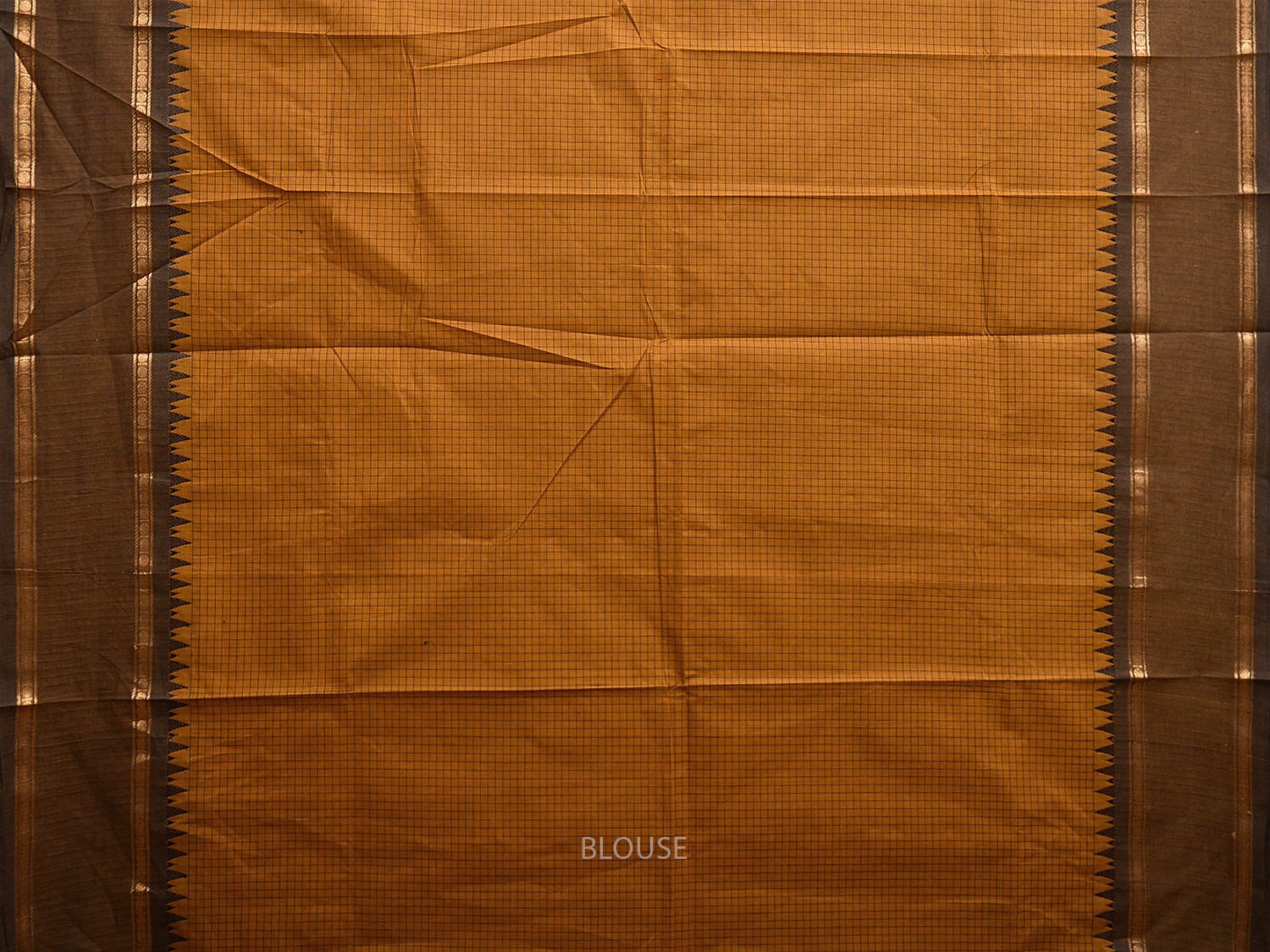 Mustard and Black Kanchipuram Cotton Saree with Checks and Strips Pallu Design k0750