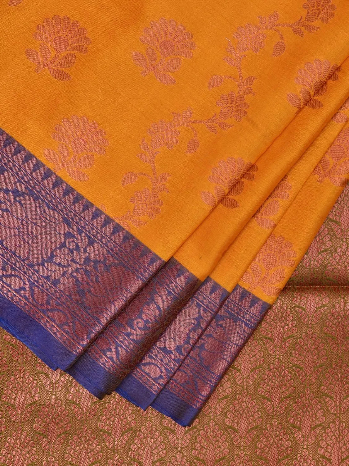 Mustard and Blue Banaras Katan Silk Saree with Border and Body Butta Design b0054ds
