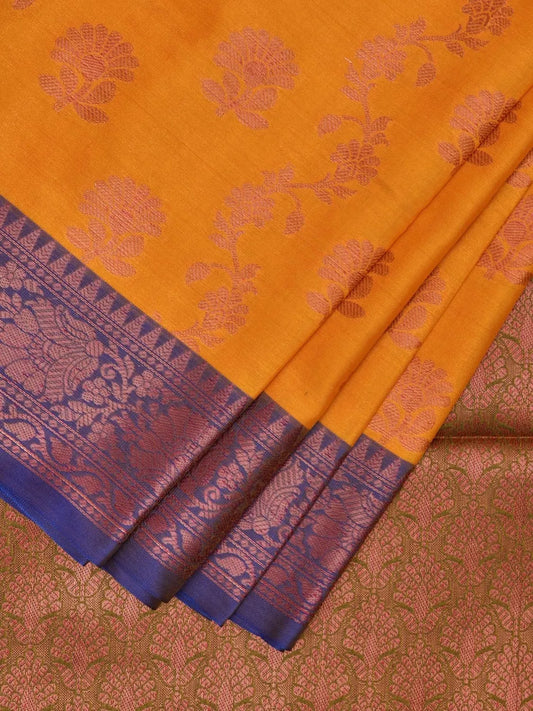 Mustard and Blue Banaras Katan Silk Saree with Border and Body Butta Design b0054ds