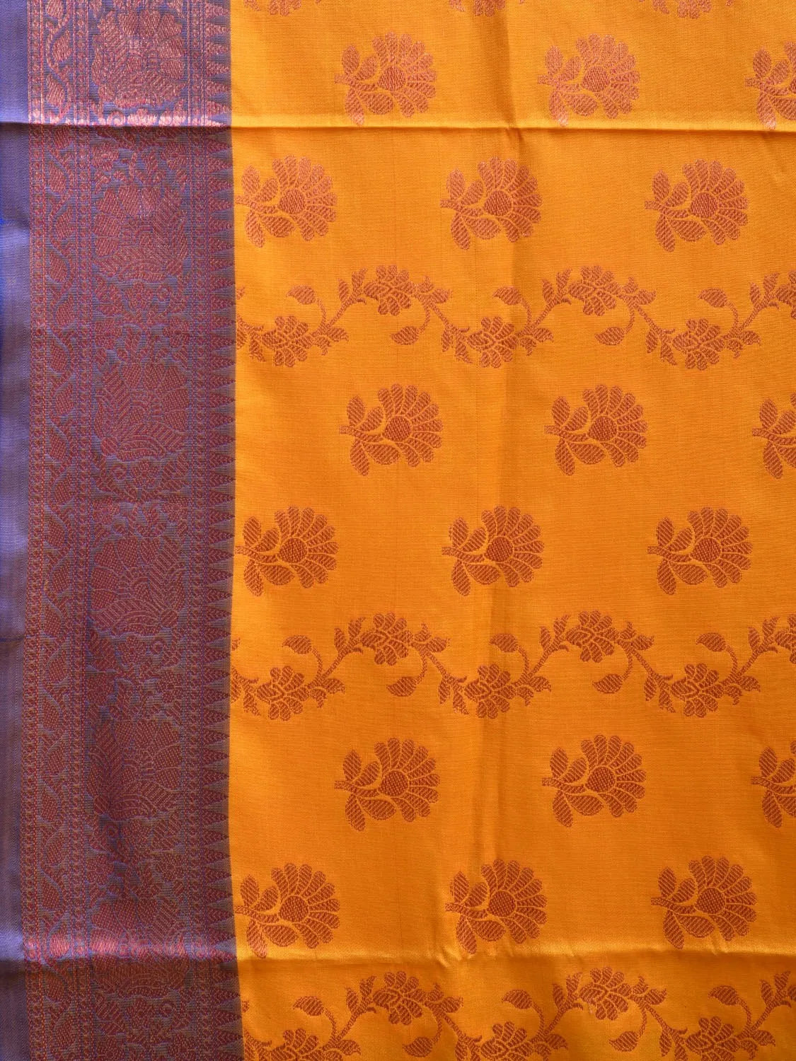 Mustard and Blue Banaras Katan Silk Saree with Border and Body Butta Design b0054ds