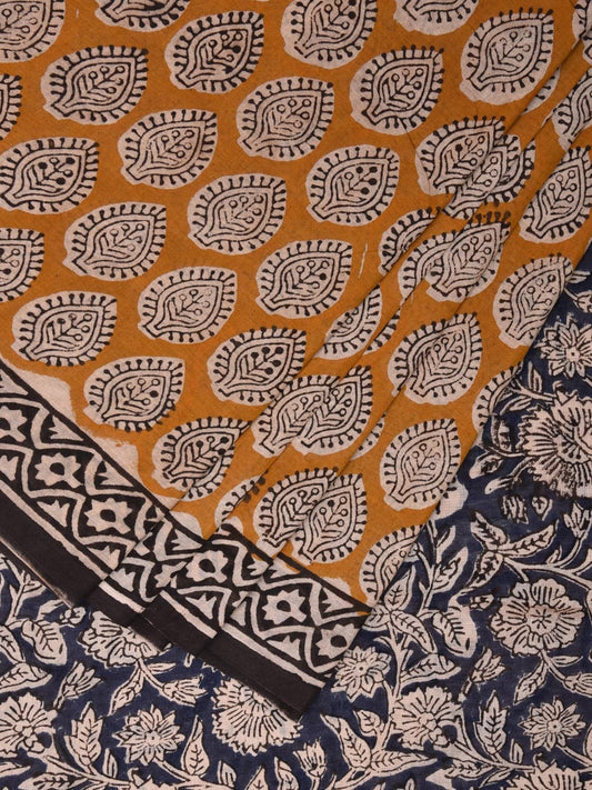 Mustard and Blue Block Print Cotton Saree with Body Buta and Floral Pallu Design o0540
