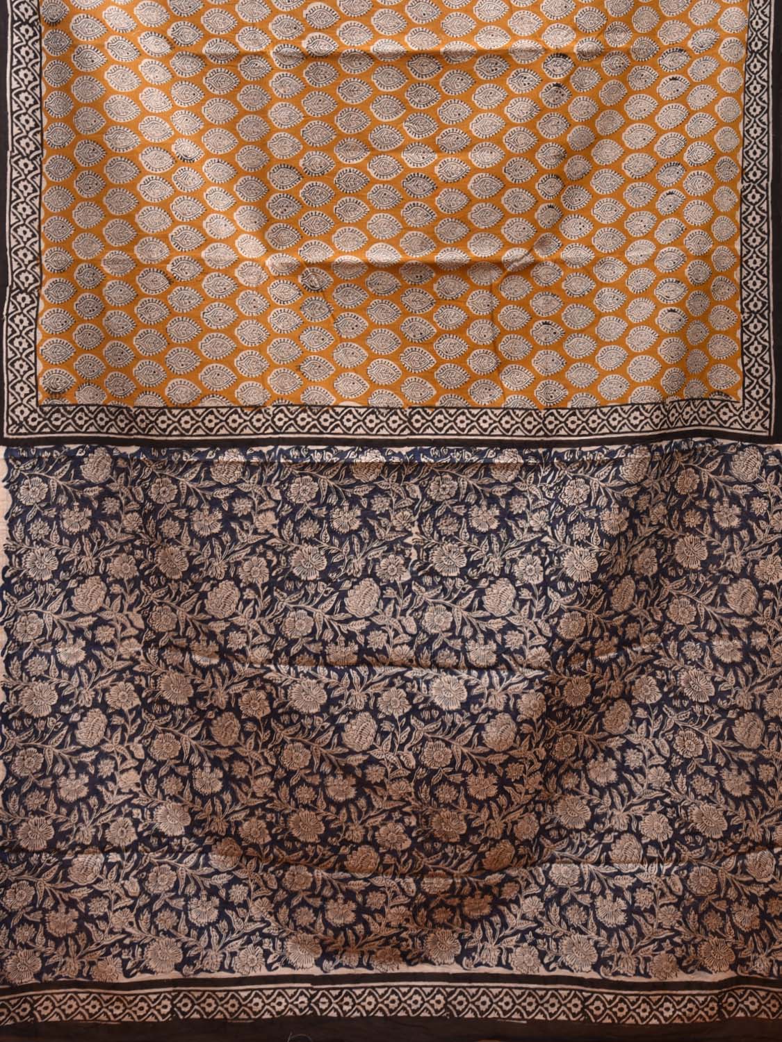 Mustard and Blue Block Print Cotton Saree with Body Buta and Floral Pallu Design o0540