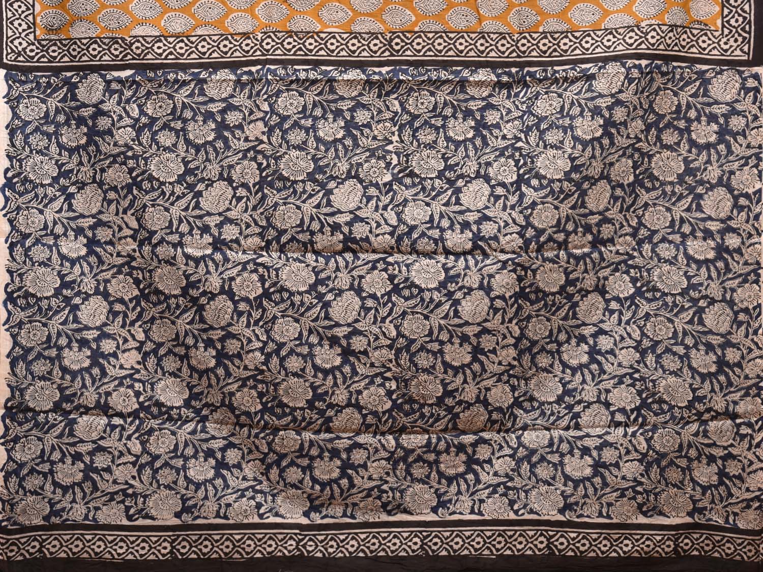 Mustard and Blue Block Print Cotton Saree with Body Buta and Floral Pallu Design o0540