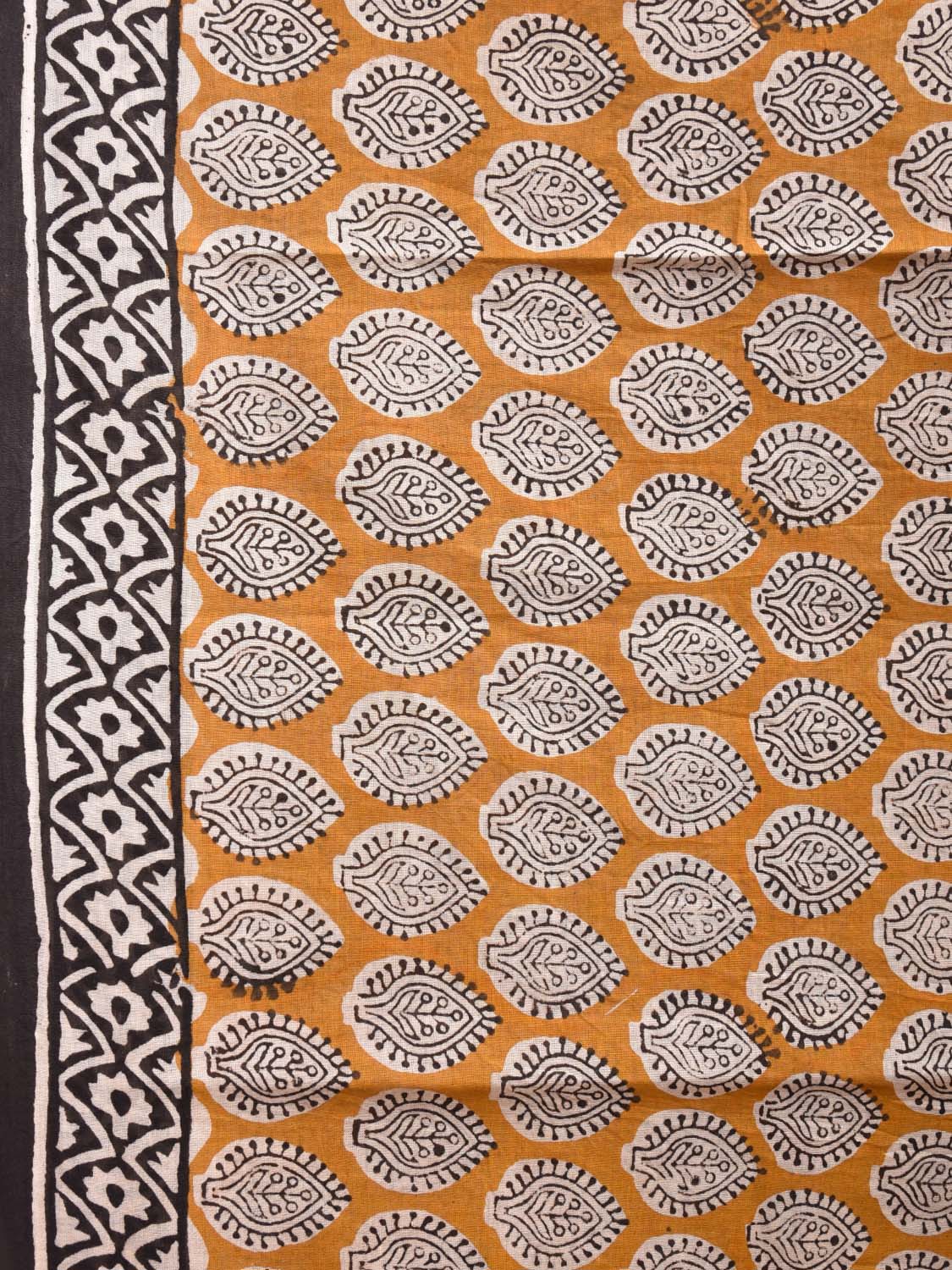 Mustard and Blue Block Print Cotton Saree with Body Buta and Floral Pallu Design o0540