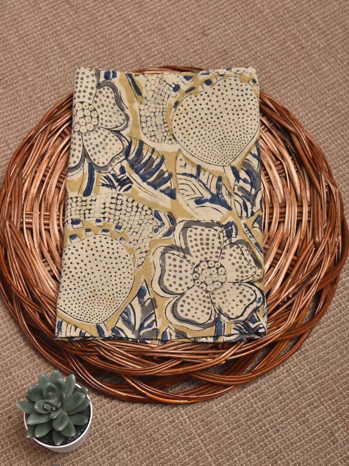 Mustard and Blue Kalamkari Block Print Cotton Blouse with Floral Design Length 1mt Width 44 Inches BL0122