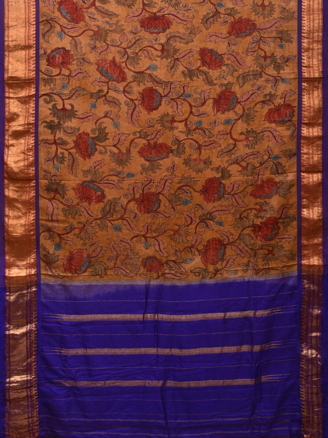 Mustard and Blue Kalamkari Hand Painted Narayanpet Silk Handloom Saree with Lotus Flowers Design KL0685