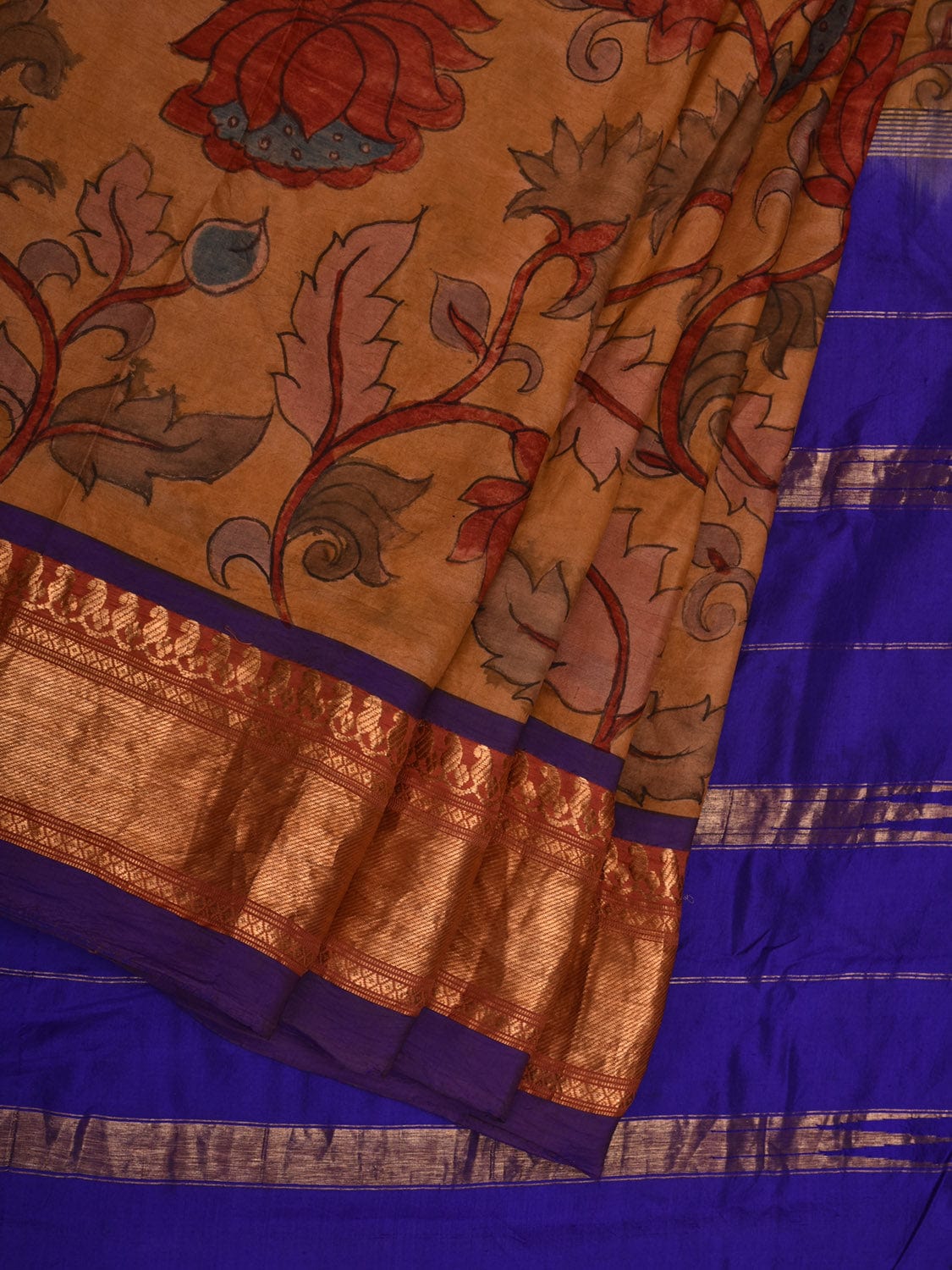 Mustard and Blue Kalamkari Hand Painted Narayanpet Silk Handloom Saree with Lotus Flowers Design KL0685