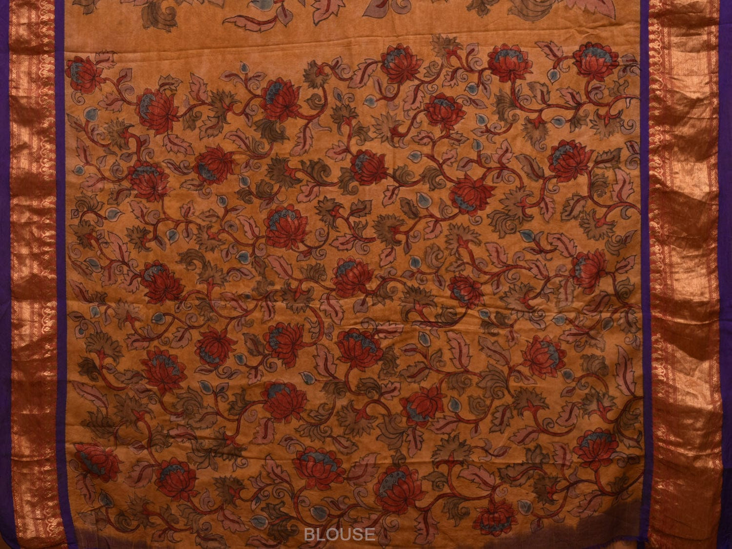 Mustard and Blue Kalamkari Hand Painted Narayanpet Silk Handloom Saree with Lotus Flowers Design KL0685