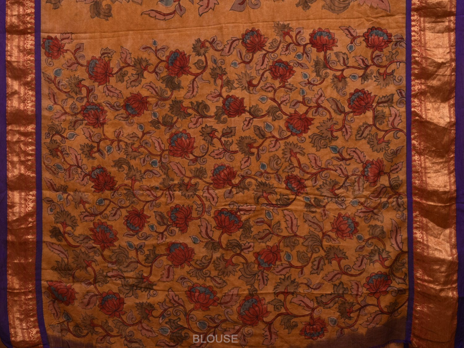 Mustard and Blue Kalamkari Hand Painted Narayanpet Silk Handloom Saree with Lotus Flowers Design KL0685