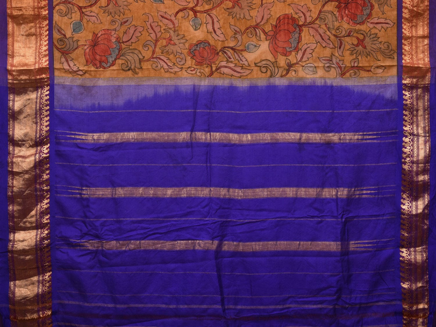 Mustard and Blue Kalamkari Hand Painted Narayanpet Silk Handloom Saree with Lotus Flowers Design KL0685