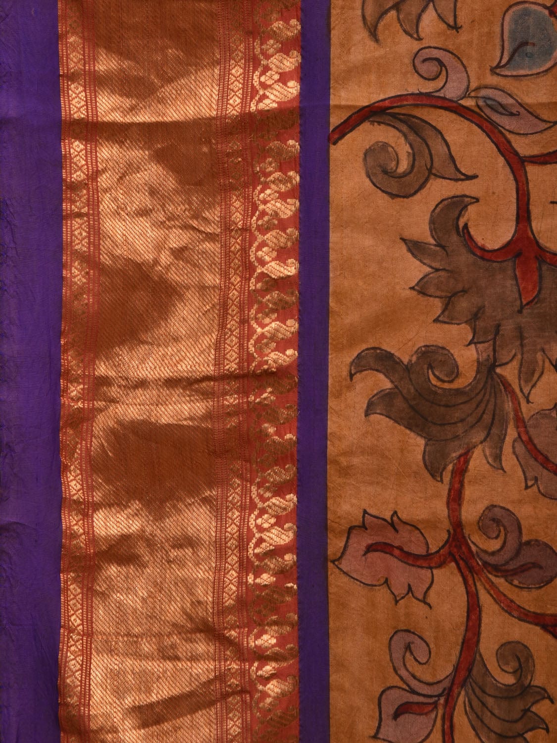 Mustard and Blue Kalamkari Hand Painted Narayanpet Silk Handloom Saree with Lotus Flowers Design KL0685