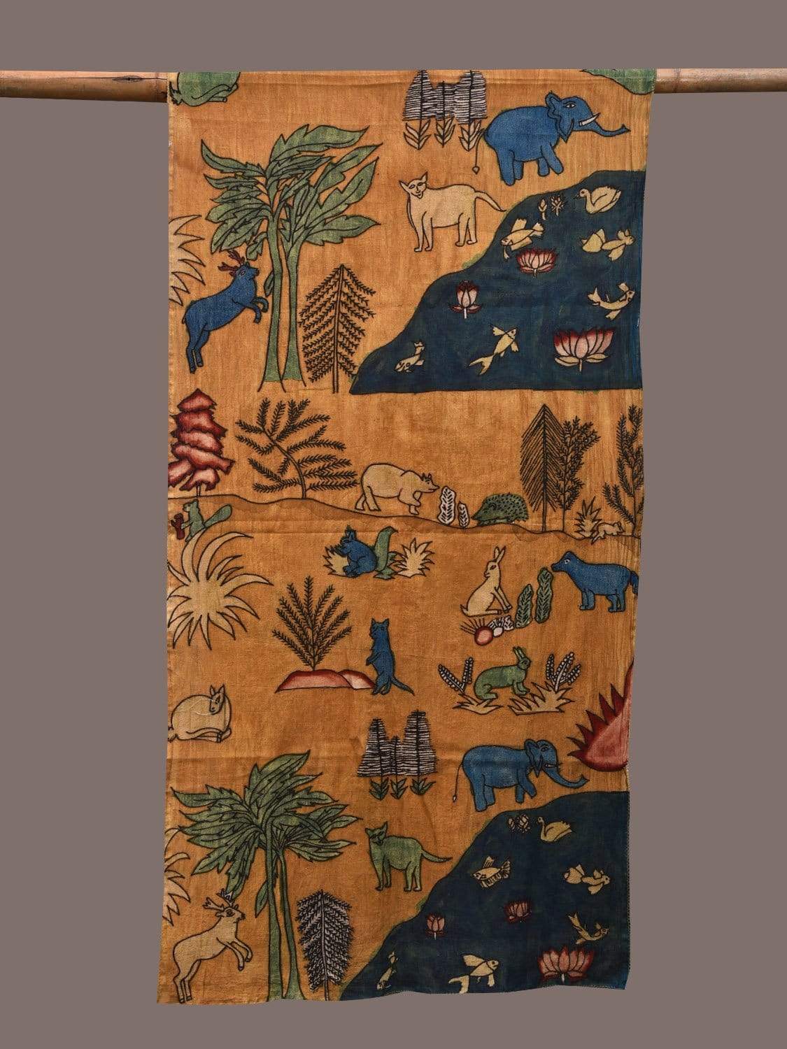 Mustard and Dark Blue Kalamkari Hand Painted Cotton Stole with Animals Design ds2315