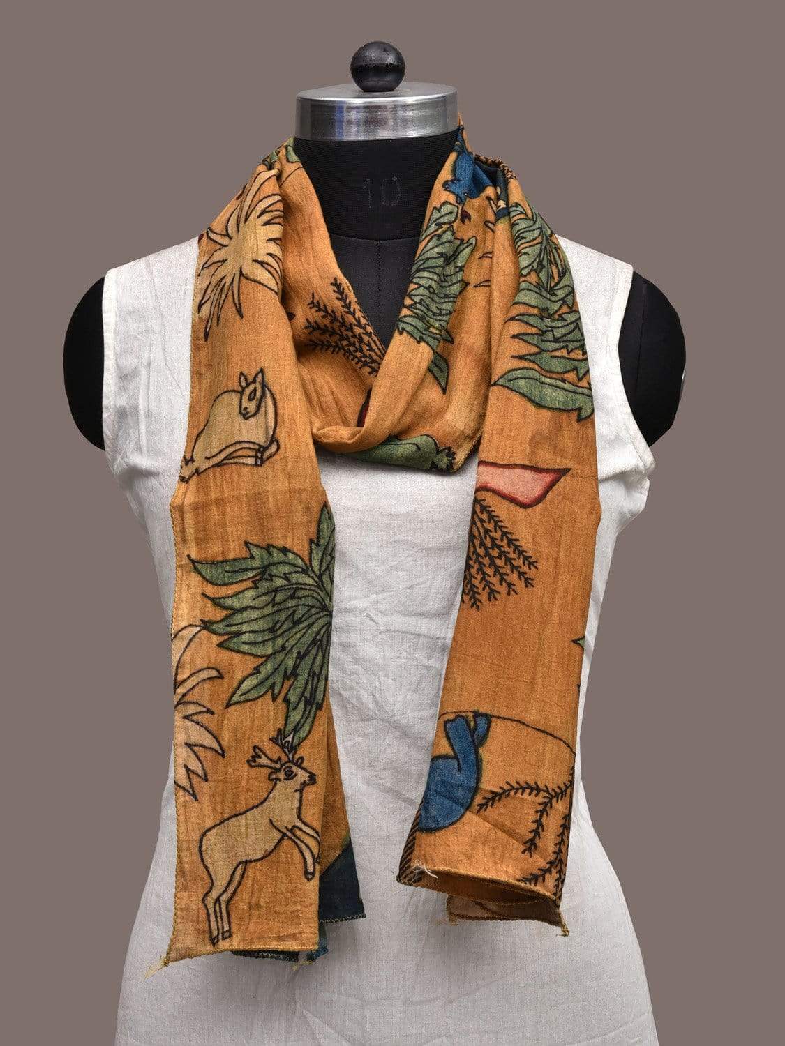 Mustard and Dark Blue Kalamkari Hand Painted Cotton Stole with Animals Design ds2315