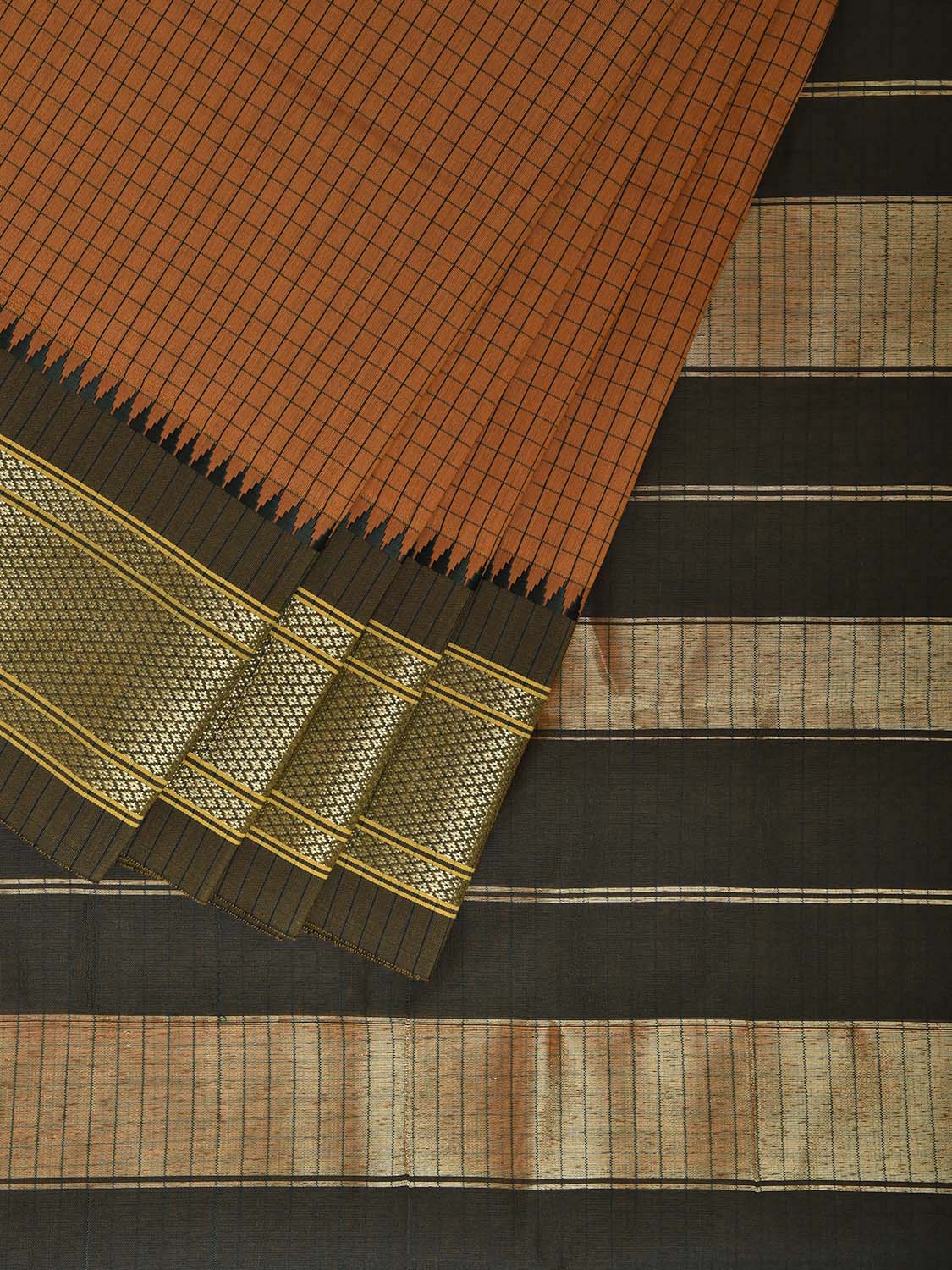 Mustard and Green Bamboo Cotton Saree with Checks Design No Blouse bc0805