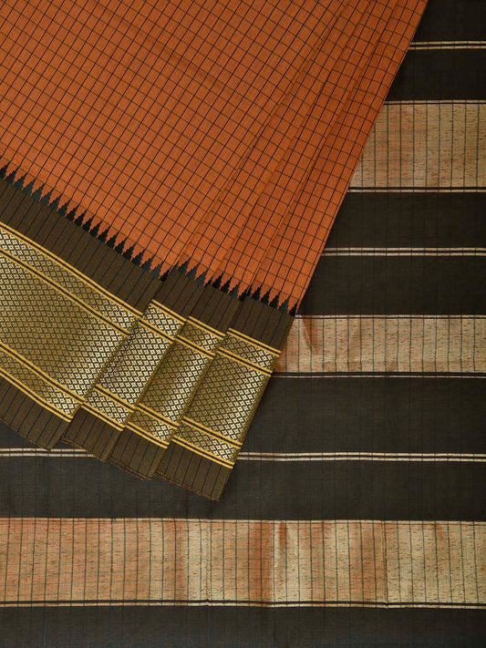 Mustard and Green Bamboo Cotton Saree with Checks Design No Blouse bc0805