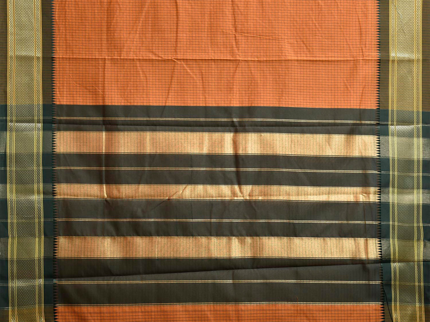 Mustard and Green Bamboo Cotton Saree with Checks Design No Blouse bc0805