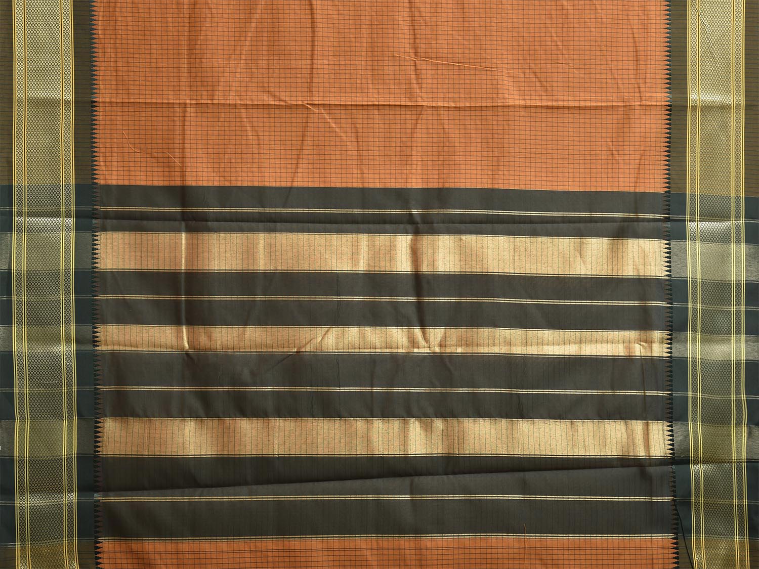 Mustard and Green Bamboo Cotton Saree with Checks Design No Blouse bc0805