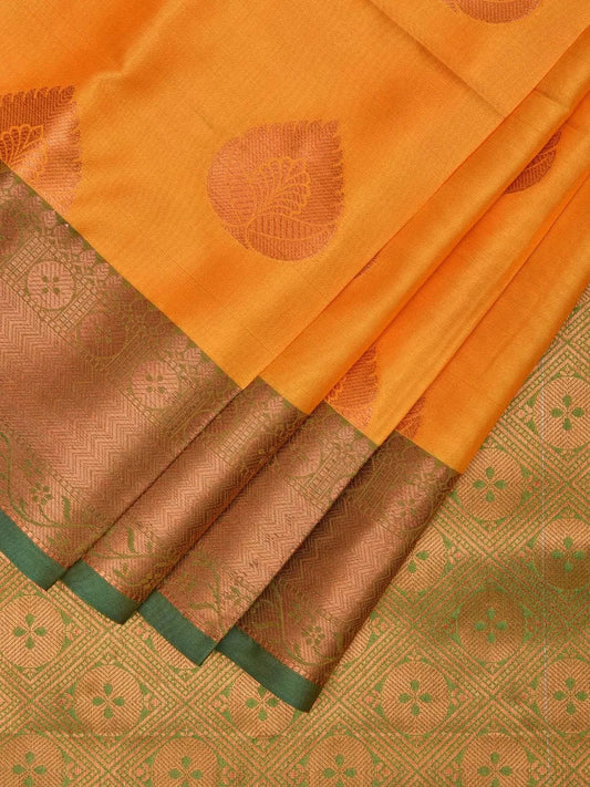 Mustard and Green Banaras Katan Silk Saree with Border and Body Butta Design b0055ds