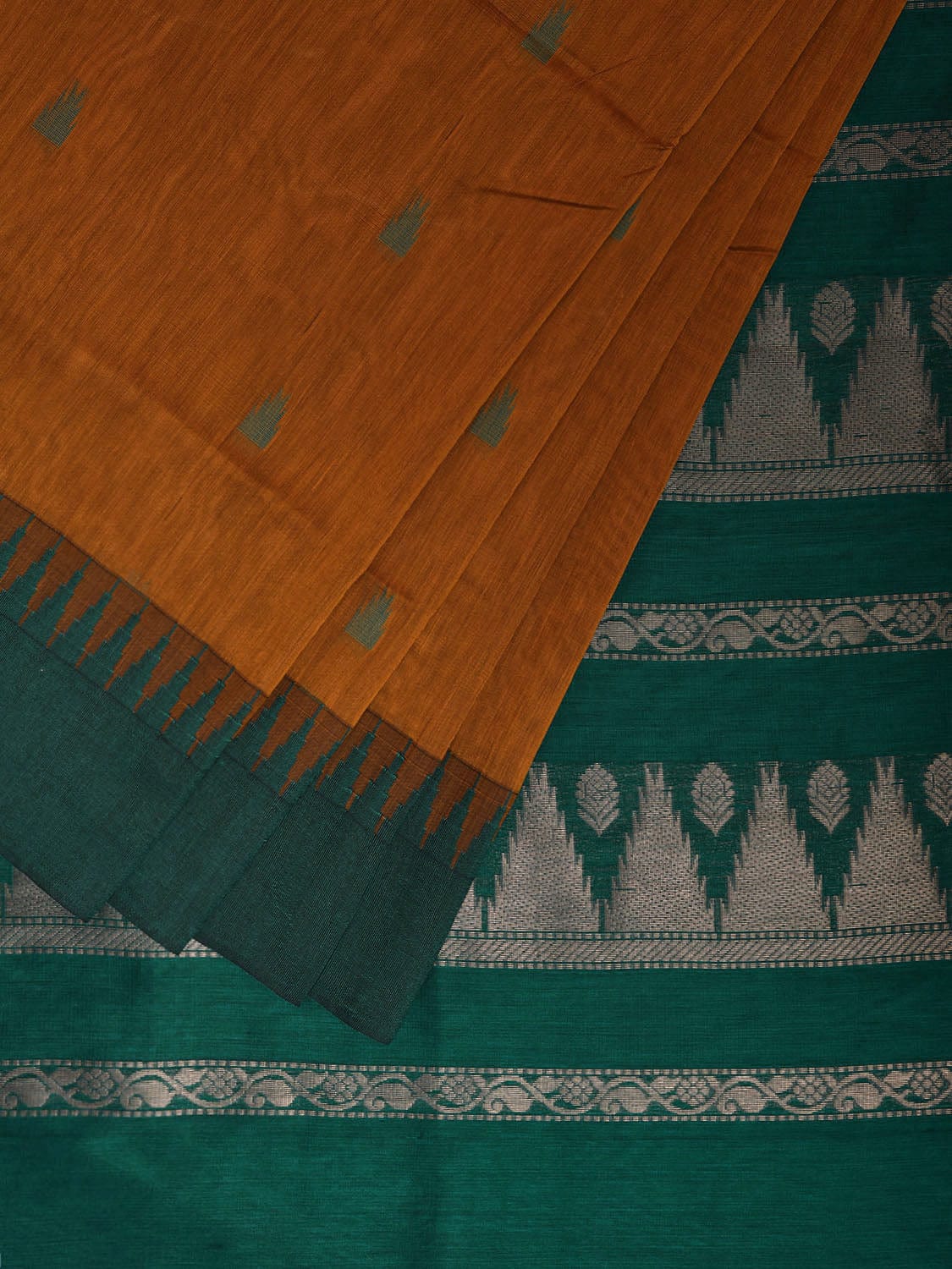 Mustard and Green Gadwal Cotton Viscose Saree with Temple Border and Pallu Design g0466