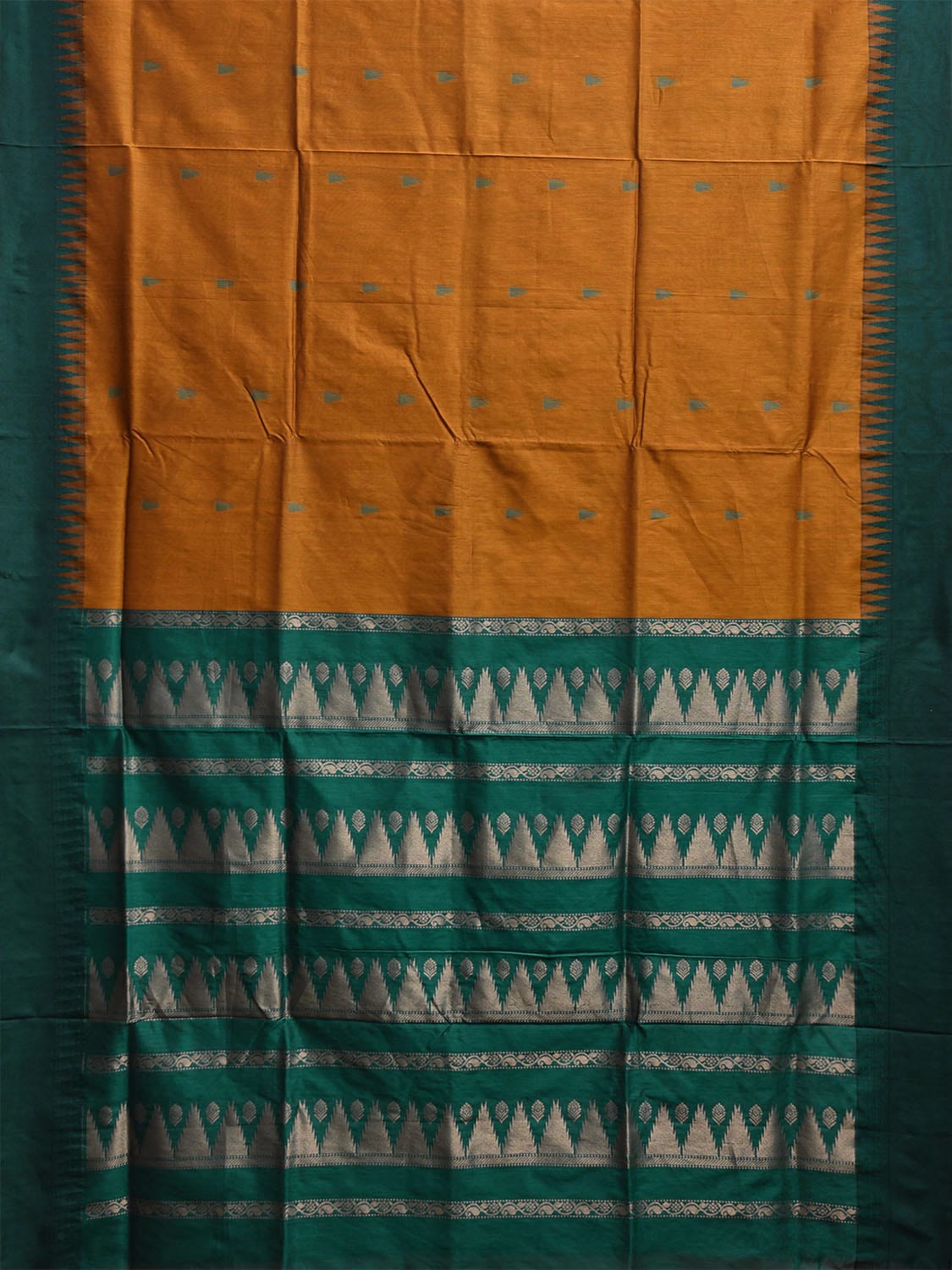 Mustard and Green Gadwal Cotton Viscose Saree with Temple Border and Pallu Design g0466