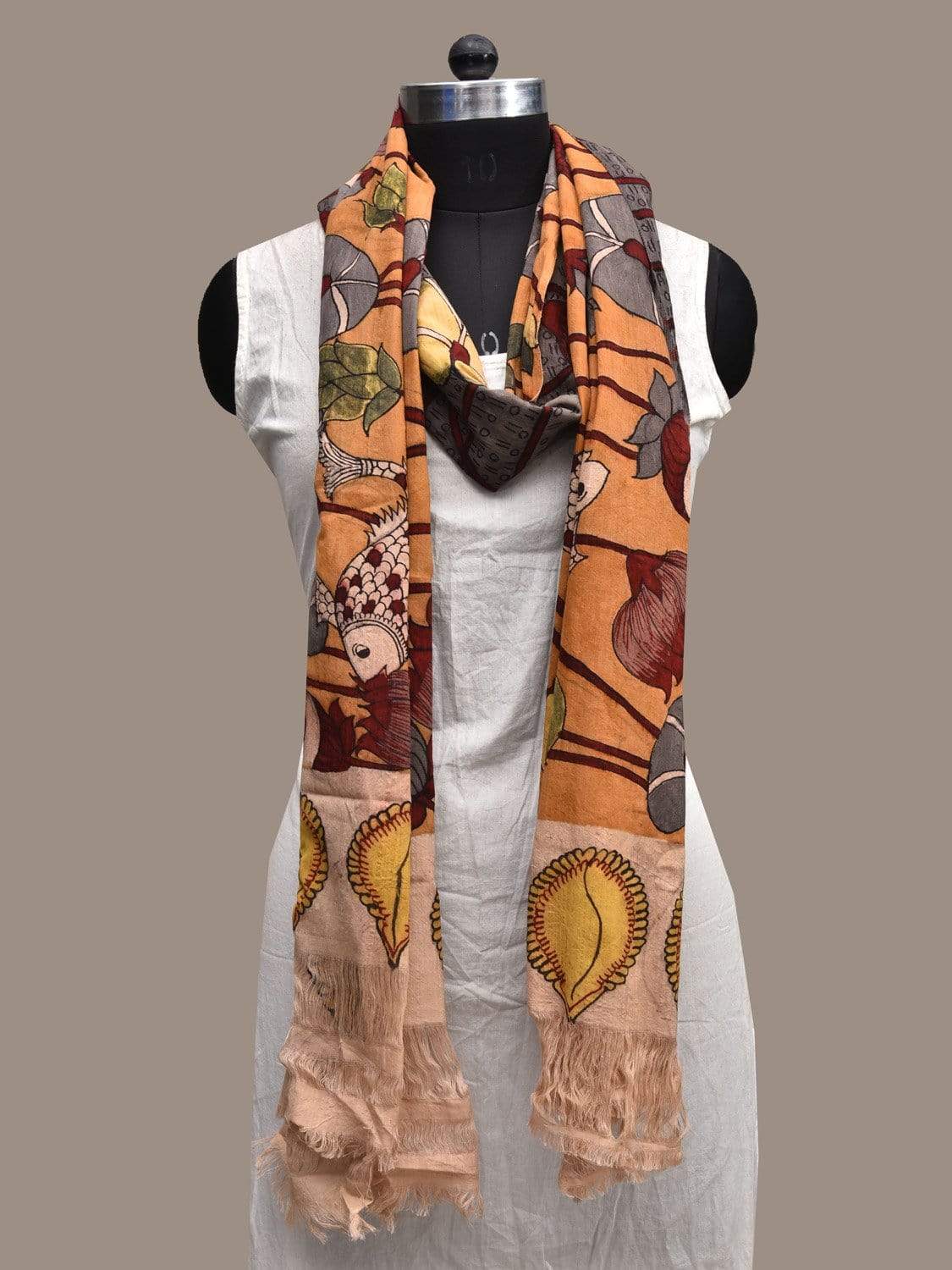 Mustard and Grey Kalamkari Hand Painted Cotton Handloom Dupatta with Lotus Flowers and Fishes Design ds2291