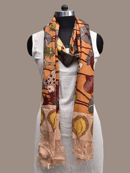 Mustard and Grey Kalamkari Hand Painted Cotton Handloom Dupatta with Lotus Flowers and Fishes Design ds2291