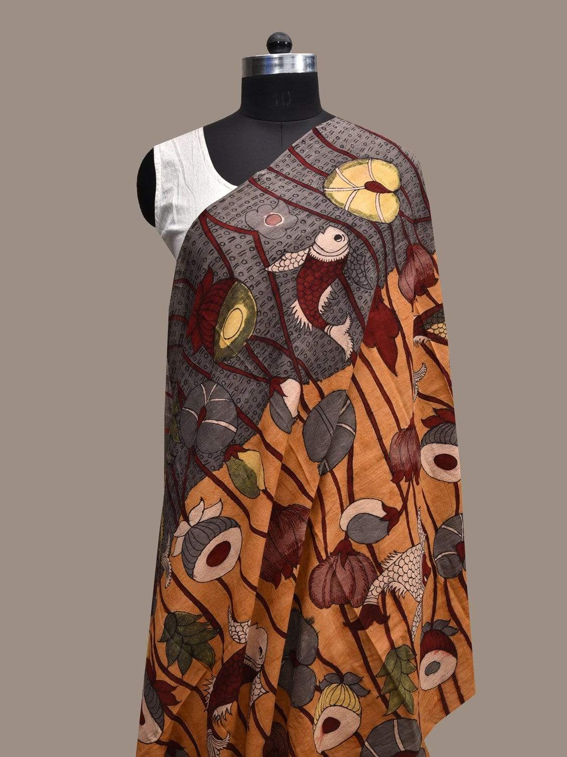 Mustard and Grey Kalamkari Hand Painted Cotton Handloom Dupatta with Lotus Flowers and Fishes Design ds2291