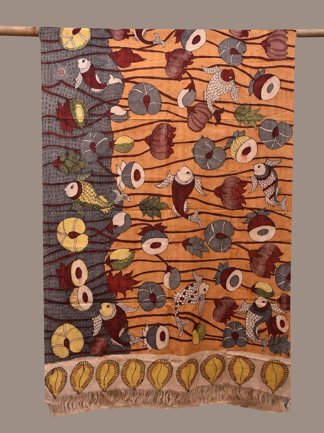 Mustard and Grey Kalamkari Hand Painted Cotton Handloom Dupatta with Lotus Flowers and Fishes Design ds2291