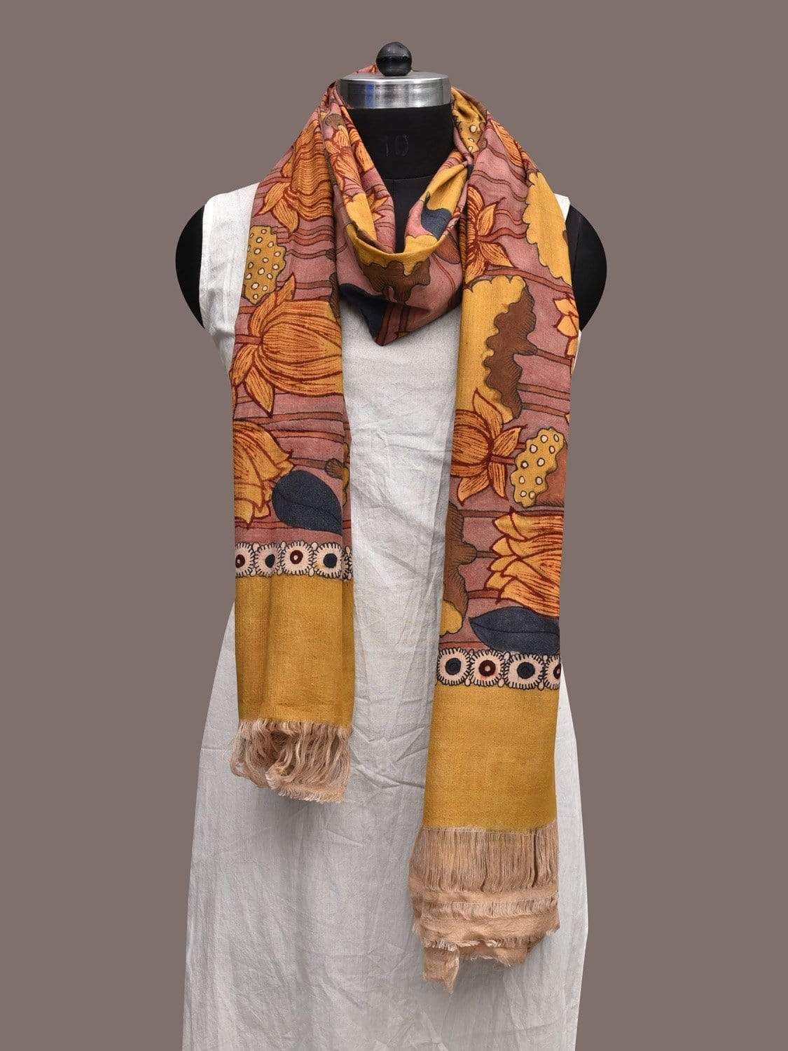 Mustard and Light pink Kalamkari Hand Painted Cotton Handloom Dupatta with Lotus Flowers Design ds2305