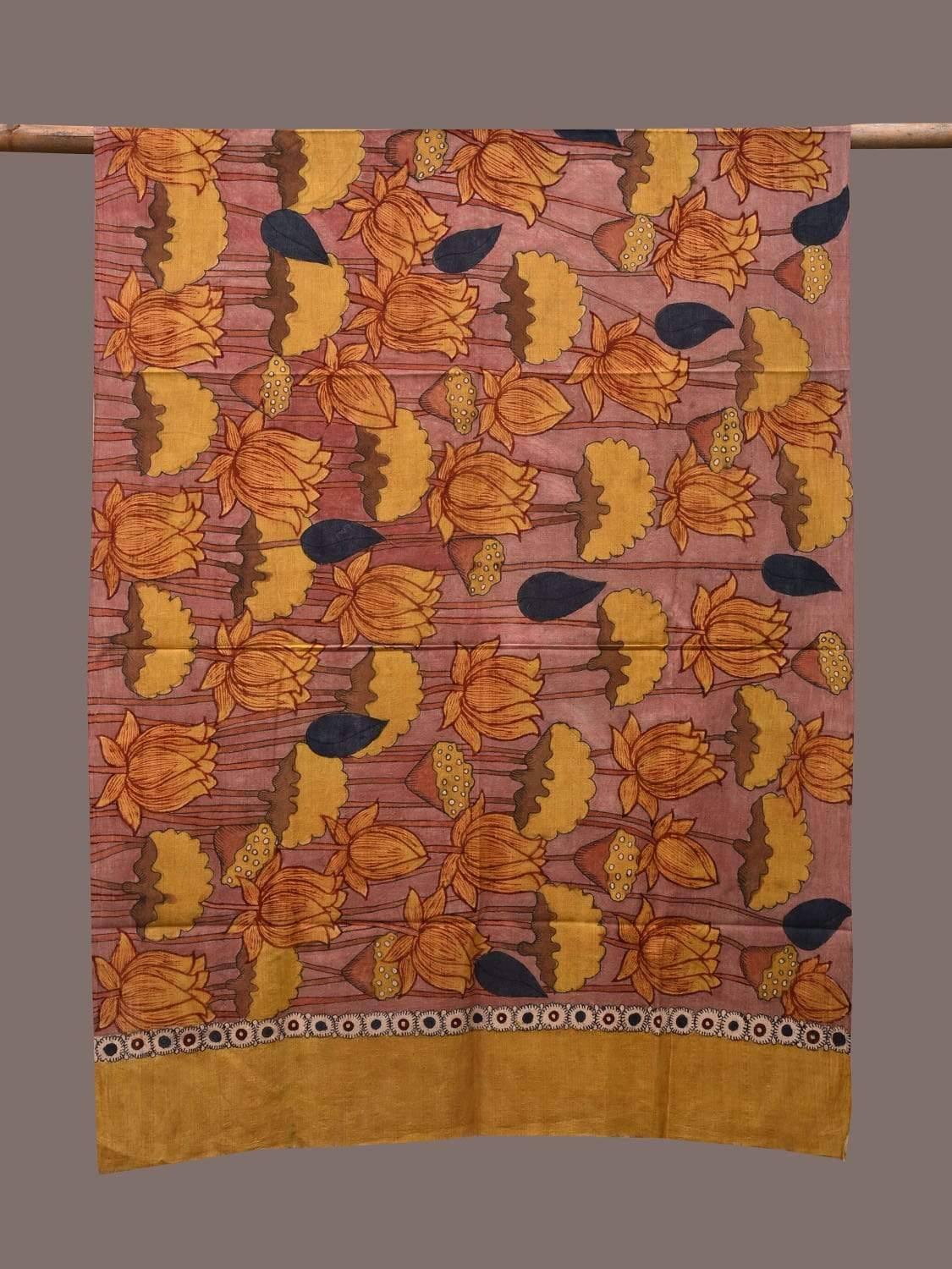 Mustard and Light pink Kalamkari Hand Painted Cotton Handloom Dupatta with Lotus Flowers Design ds2305