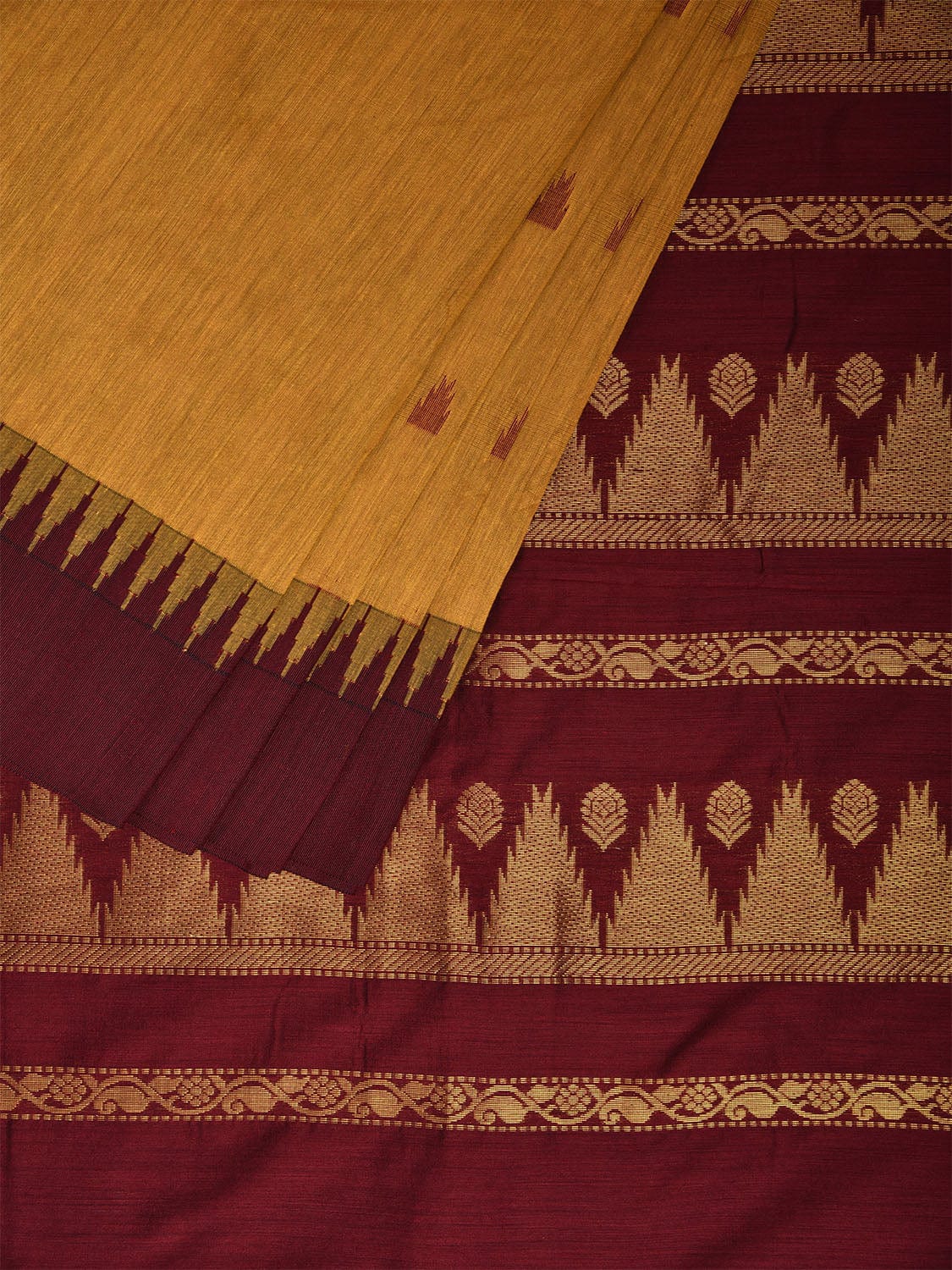 Mustard and Maroon Gadwal Cotton Viscose Saree with Temple Border Design g0468