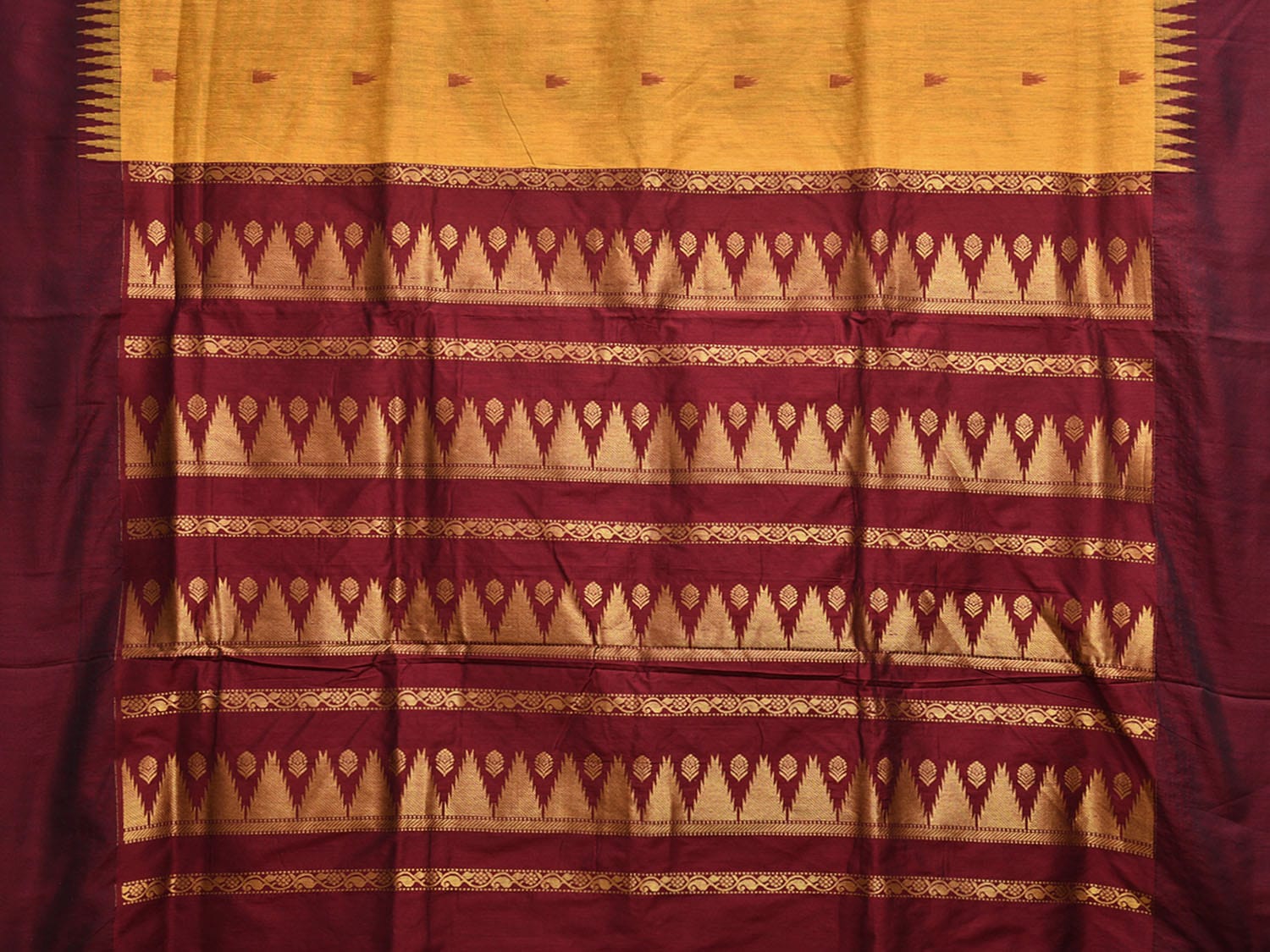 Mustard and Maroon Gadwal Cotton Viscose Saree with Temple Border Design g0468