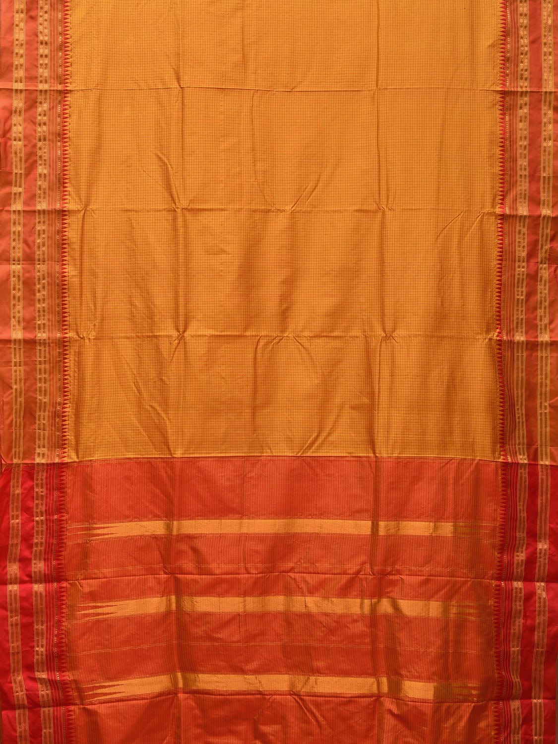 Mustard and Orange Narayanpet Silk Handloom Saree with Checks Design No Blouse np0678
