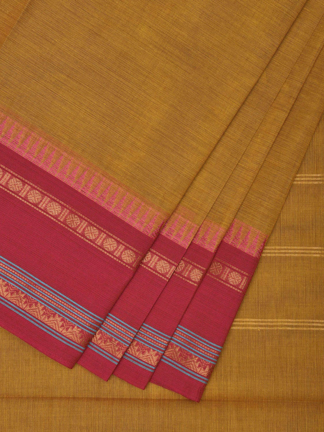 Mustard and Pink Gadwal Cotton Plain Saree with Strips Pallu and Small Temple Border Design g0437