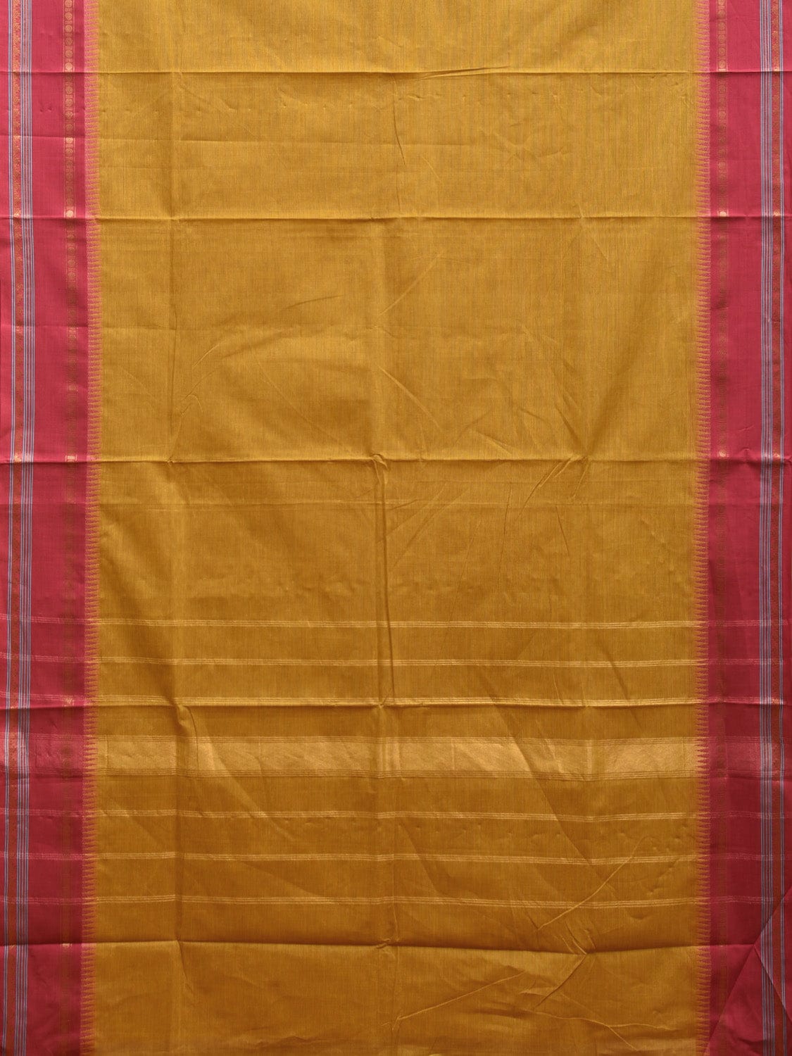 Mustard and Pink Gadwal Cotton Plain Saree with Strips Pallu and Small Temple Border Design g0437