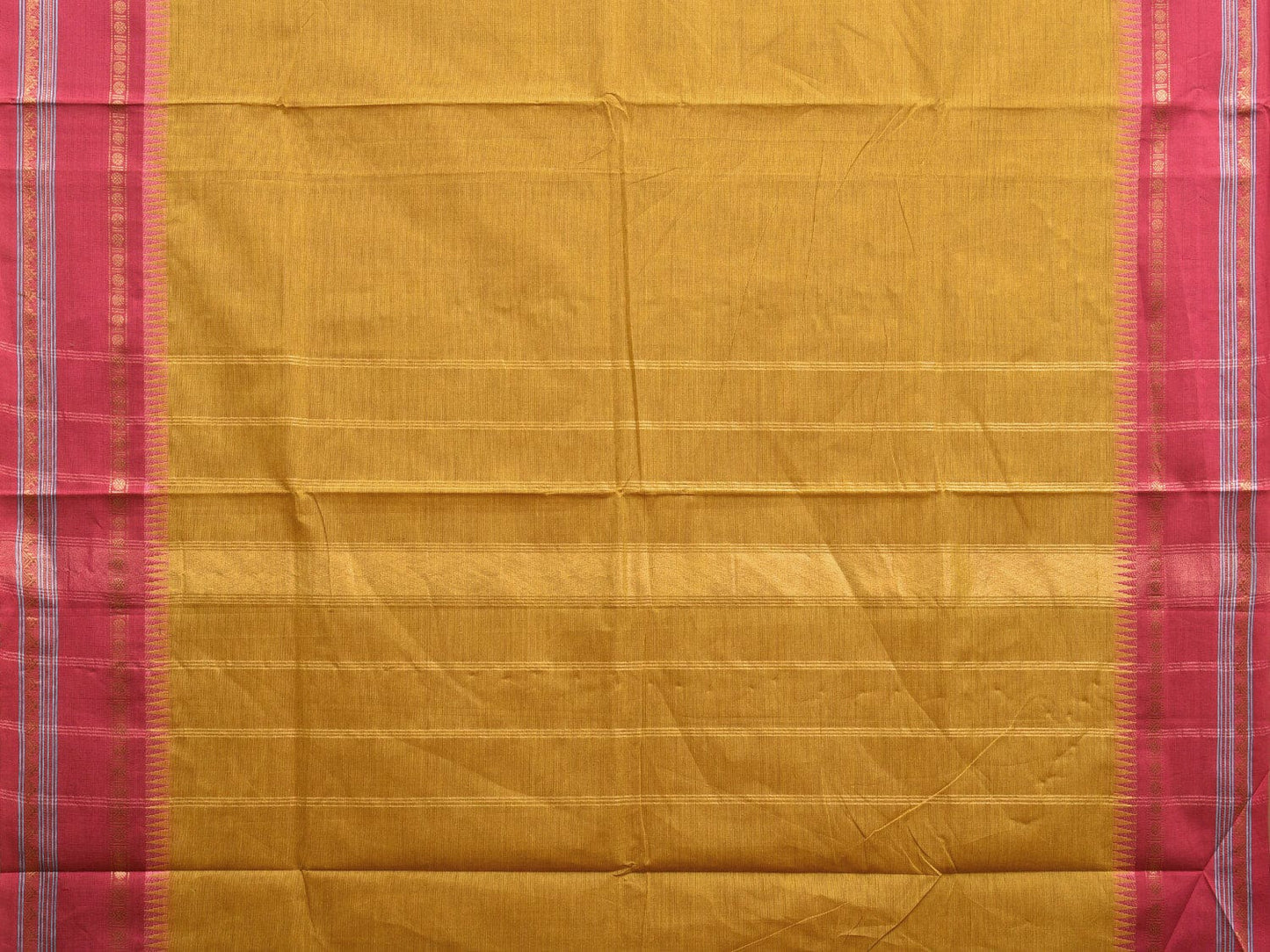Mustard and Pink Gadwal Cotton Plain Saree with Strips Pallu and Small Temple Border Design g0437