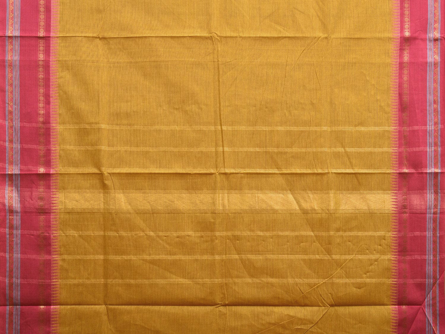 Mustard and Pink Gadwal Cotton Plain Saree with Strips Pallu and Small Temple Border Design g0437