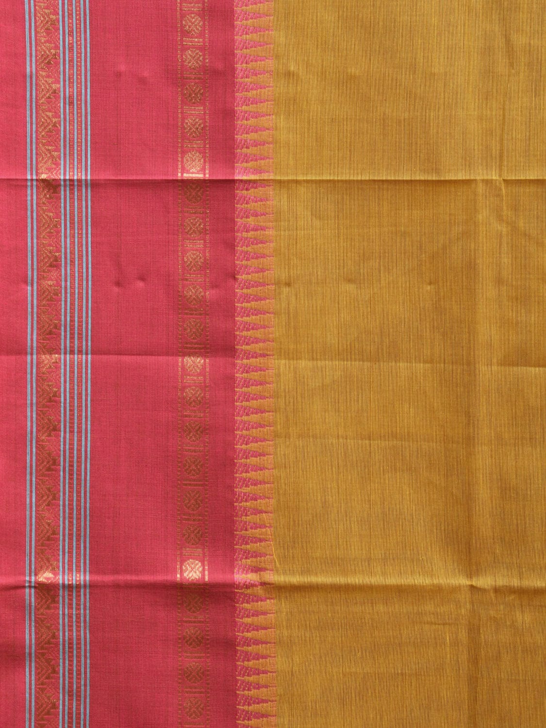 Mustard and Pink Gadwal Cotton Plain Saree with Strips Pallu and Small Temple Border Design g0437