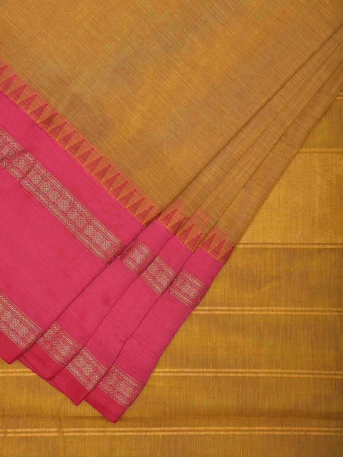 Mustard and Pink Kanchipuram Cotton Plain Saree with Strips Pallu and Small Temple Border Design k0745