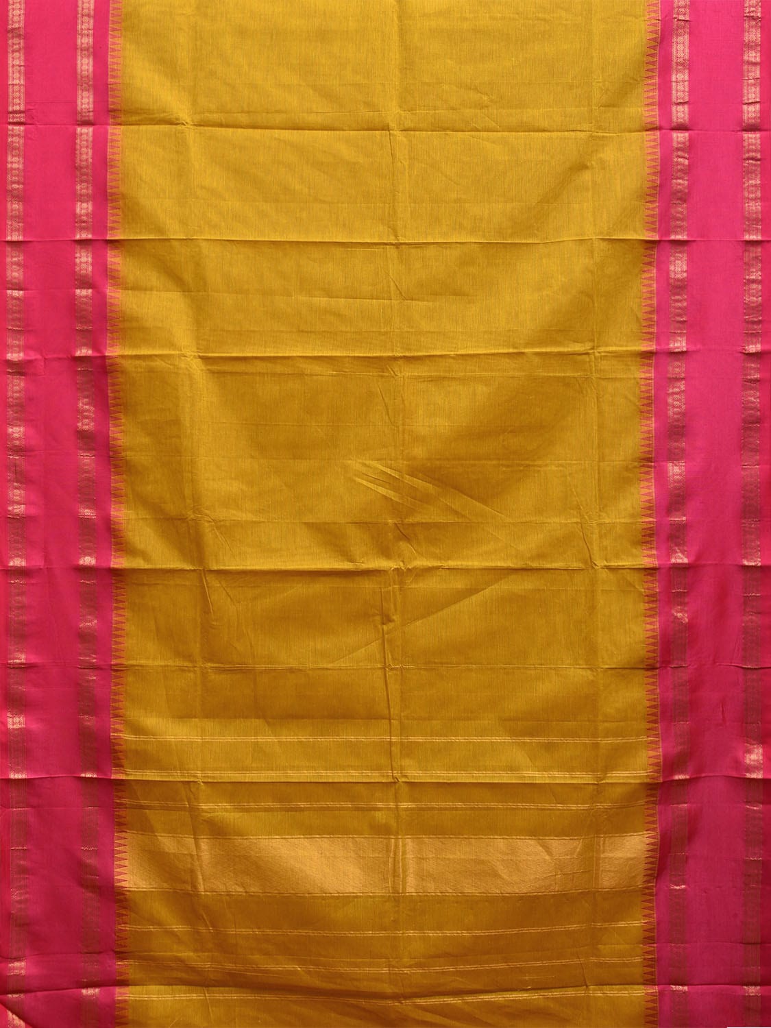 Mustard and Pink Kanchipuram Cotton Plain Saree with Strips Pallu and Small Temple Border Design k0745