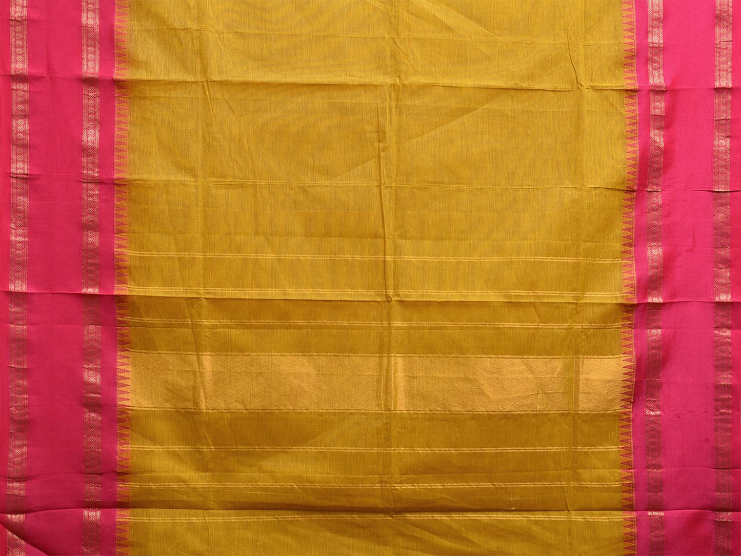 Mustard and Pink Kanchipuram Cotton Plain Saree with Strips Pallu and Small Temple Border Design k0745