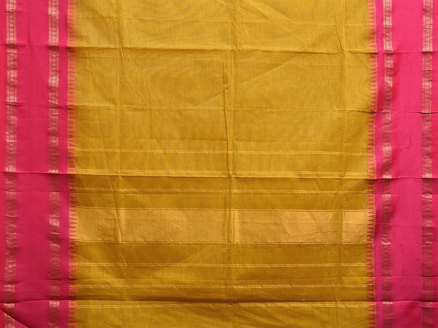 Mustard and Pink Kanchipuram Cotton Plain Saree with Strips Pallu and Small Temple Border Design k0745