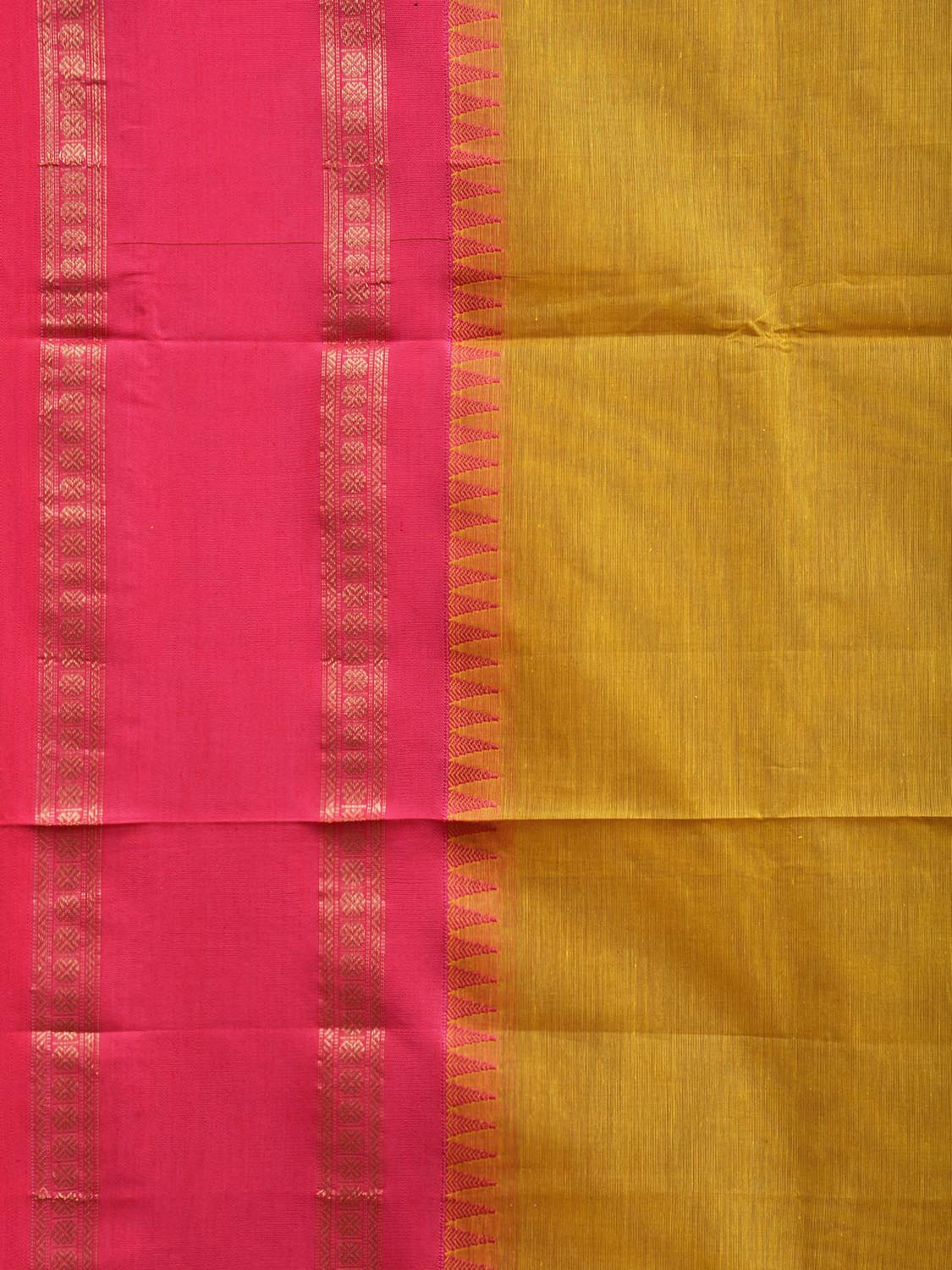 Mustard and Pink Kanchipuram Cotton Plain Saree with Strips Pallu and Small Temple Border Design k0745