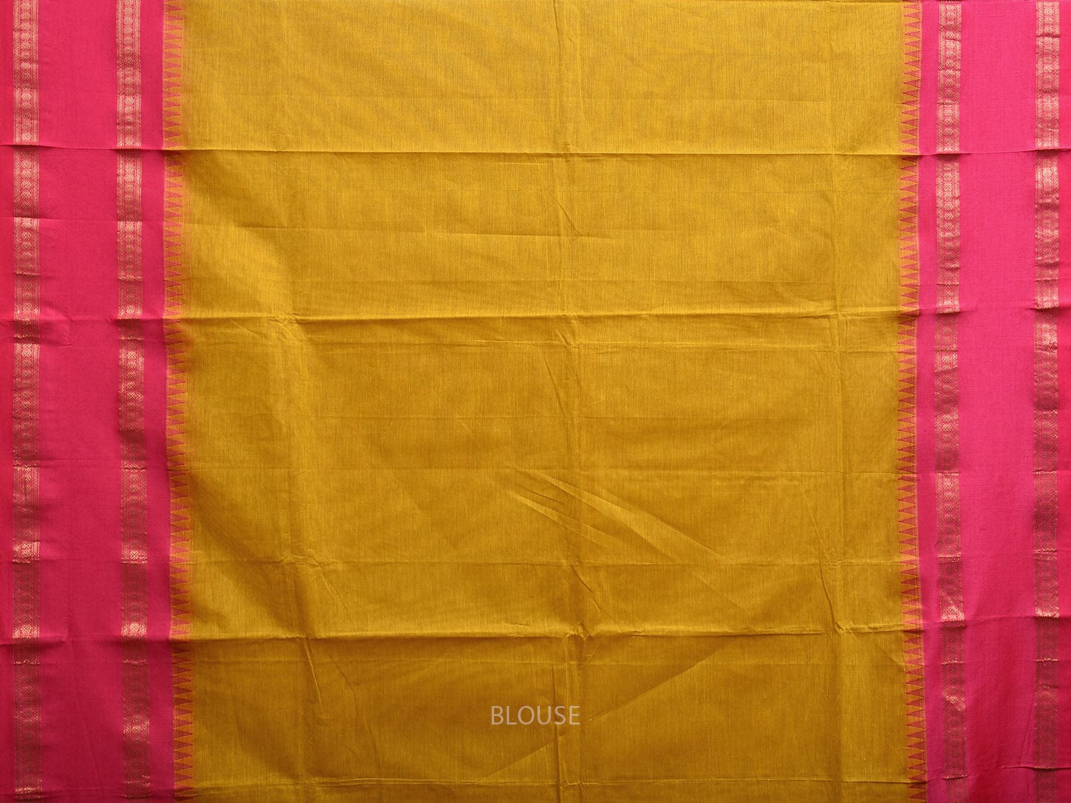 Mustard and Pink Kanchipuram Cotton Plain Saree with Strips Pallu and Small Temple Border Design k0745