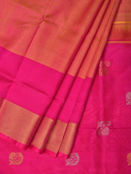 Mustard and Pink Uppada Silk Handloom Plain Saree with Body Buta Design u1768