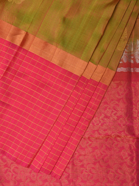 Mustard and Pink Uppada Silk Handloom Saree with Body Buta and Checks Border Design u2116