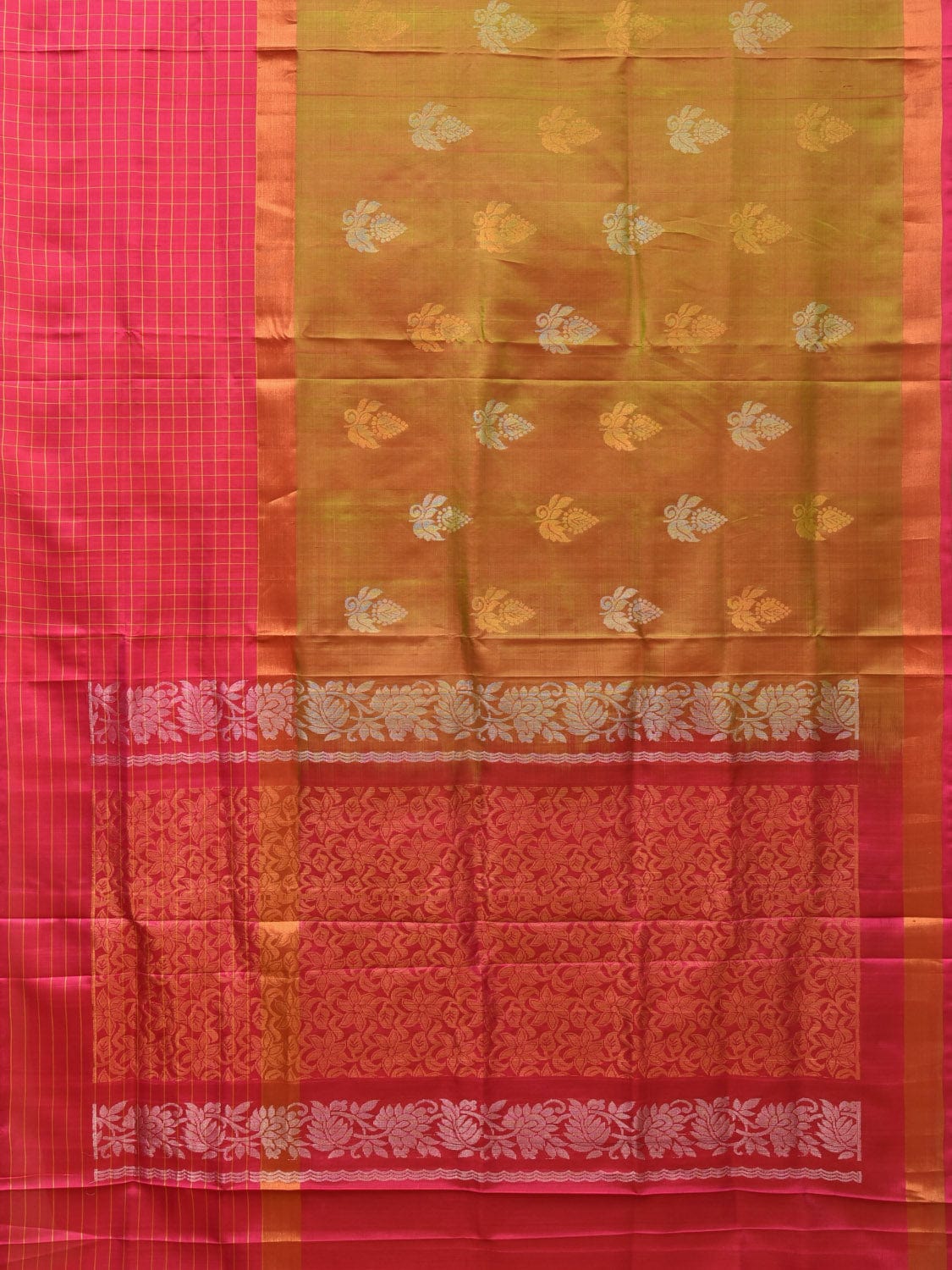 Mustard and Pink Uppada Silk Handloom Saree with Body Buta and Checks Border Design u2116